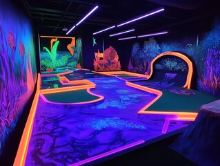 the miniature golf has a vivid color palette, a modern approach, an artistic style, and a unique and stylish aesthetic, which creates a visual and also the dynamic appeal. black light