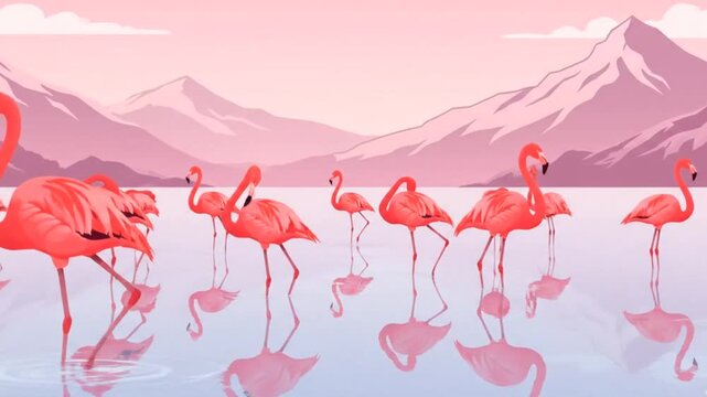 Pink Flamingos in Serene Mountain Lake Vector Illustration