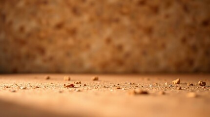 A closeup of a dusty tancolored surface scattered with small pebbles and particles set against a blurred mottled background