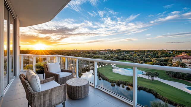 Sunset view from modern apartment balcony overlooking lush greenery and serene water body