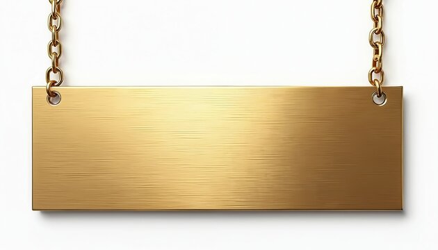 Blank gold sign suspended by a chain on a clean white background. This elegant, simple, modern display offers a sleek, shiny, chic aesthetic for home decor or business signage.