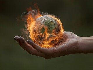 a hand holding a globe with flames, the fiery colors, and intense contrast, the image creates a sense of urgency and power, symbolizing destruction and transformation in a dramatic scene.