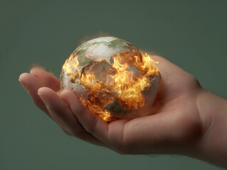 the image displays a hand holding a globe in fire, with vibrant colors, creating contrast and impact, depicting a powerful moment of destruction and transformation in a dramatic scene.