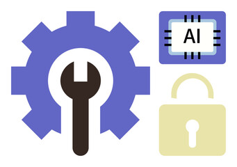 Gear with wrench symbolizing development, AI chip for machine learning, and padlock for security. Ideal for technology, AI innovation, system development, cybersecurity, software maintenance, data