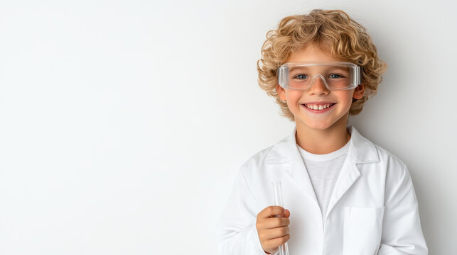 Young boy with curly hair wearing science goggles and lab coat, holding test tube, smiling