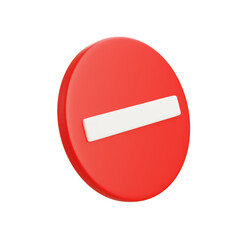 3D render of a circular red no entry road sign with white horizontal bar, isolated on white background for traffic regulation and safety.
