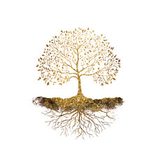 Naklejka premium Stunning golden tree with intricate root system illustration