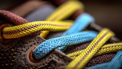 Close-up of colorful shoelaces on a textured shoe