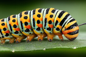A macro photo of a vibrant yellow and black caterpillar
