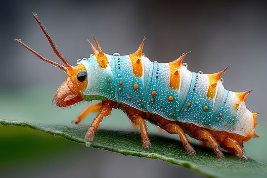 A macro view of an orange and blue spiky caterpillar on a leaf
