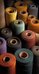 Colorful yarn rolls in various textures and shades