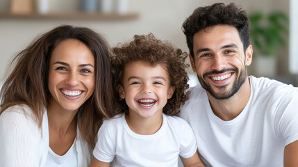 Happy family portrait with parents and child smiling together, showcasing love and joy