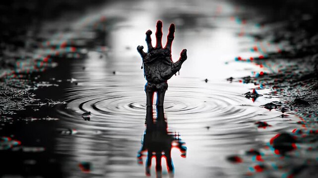 horror zombie hand emerging from water glitch