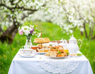 Fototapeta premium A lavish springtime picnic with tea sandwiches and pastries on a table in a lush garden.