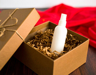 A generic white bottle of face mist in a brown cardboard gift box with packing paper.