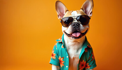 French bulldog in Hawaiian shirt and sunglasses. Playful dog with bright colorful pattern shirt poses against vibrant orange background. Happy pet with tongue out exudes summer fun and personality.