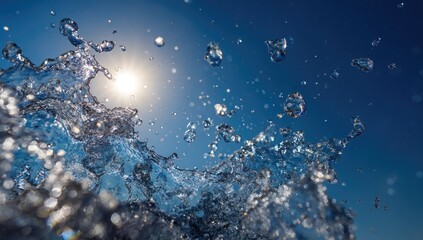 Sunlit water splash against a vibrant blue sky, showcasing droplets suspended in air