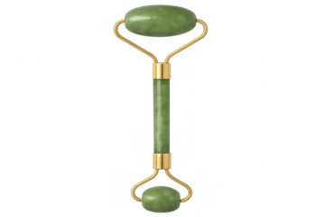 Green jade roller massaging face with transparent background