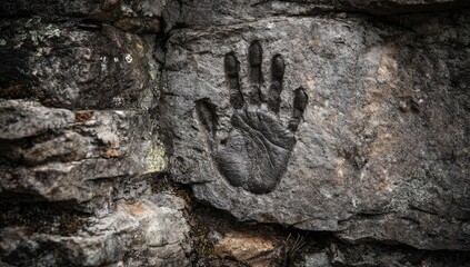 A dark handprint etched into rough, grey stone