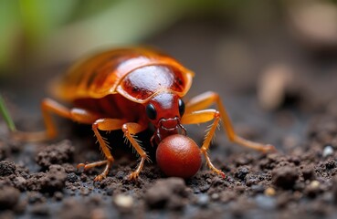 Macro photo Australian cockroach with orange body, antennae on dark soil. Insect carries red egg. Detailed view shows legs, head, segmented exoskeleton. Natural background with green leaves, blurred