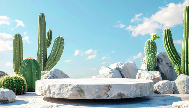 Natural stone product display podium with cactus and blue sky background