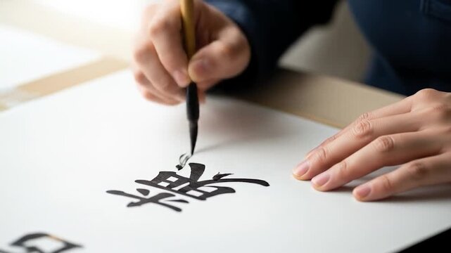 Calligraphy in Motion: Artist Creates Chinese Character with Brush and Ink on White Paper