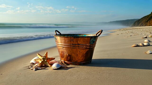 A copper bucket rests on a sandy beach with seashells and a starfish, waves gently crashing