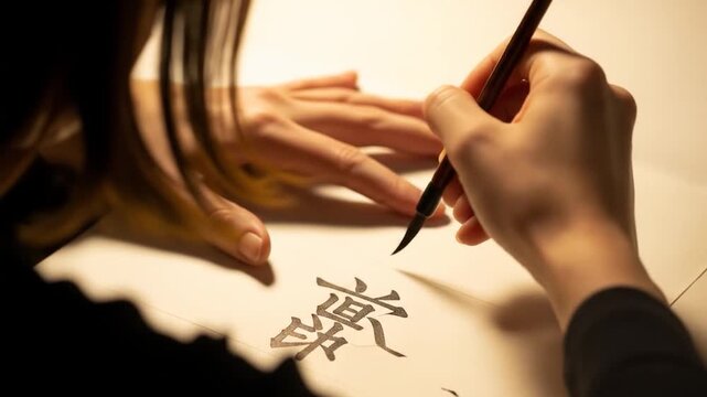 Calligraphy Practice: Woman's Hand Inking Chinese Character on Paper with Brush