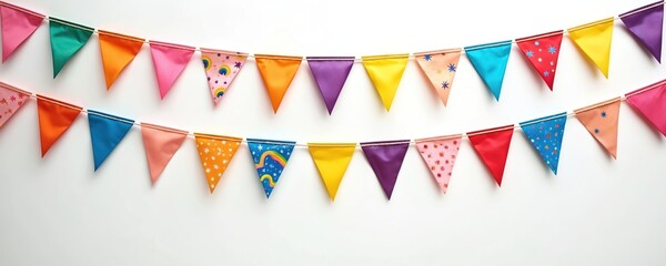 Obraz premium Colorful party bunting flags strung together on white background. Triangle flags in various vibrant colors, playful patterns, including rainbows, stars. Perfect for birthdays, holidays, special