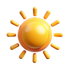 Bright yellow cartoon sun with rounded rays radiating warmth and light isolated on transparent background