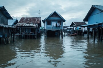 Obraz premium Flooded Village Houses on Stilts During Overcast Weather