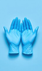 Obraz premium Pair of Gloved Hands Holding a Crystal Clear Ice Cube with a Bright Blue Background