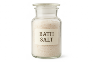 Glass jar containing white bath salt on transparent background