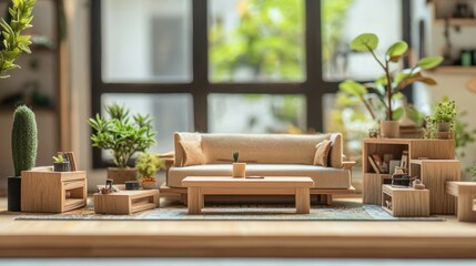 Obraz premium Cozy Minimalist Living Room with Wooden Furniture and Green Plants