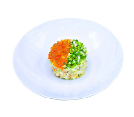 oliver salad with lightly salted salmon and red caviar