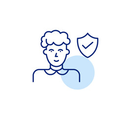 Elderly woman, shield and checkmark. Elderly care protection, senior safety assurance, verified healthcare for seniors. Pixel perfect, editable stroke vector icon