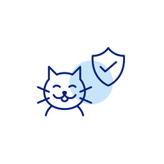 Verified pet safety, certified products and services. Cat, shield and checkmark. Pixel perfect, editable stroke vector icon