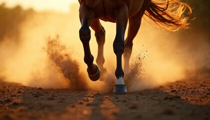 Fototapeta premium Brown horse galloping, kicking up dust with hooves. Sunlight illuminates motion, energy of powerful animal running across dry terrain. Dynamic shot captures wild spirit of horse in full stride.