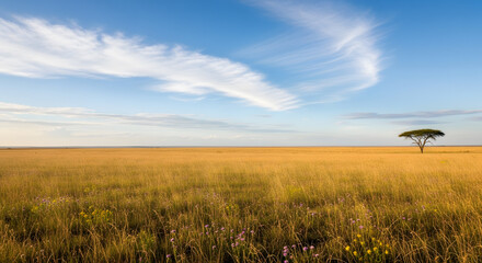 Obraz premium Expansive Golden Grassland Under a Clear Blue Sky