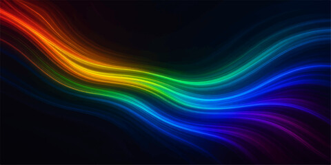 Fototapeta premium An abstract, flowing wave of bright, colorful light creates a glowing rainbow pattern against a deep blue background