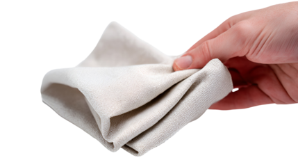 Hand holding a soft beige cleaning cloth
