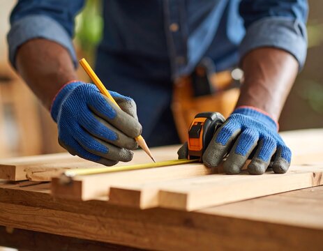 Carpenter wearing blue gloves meticulously measures and marks wood with a pencil and tape measure. - Powered by Adobe