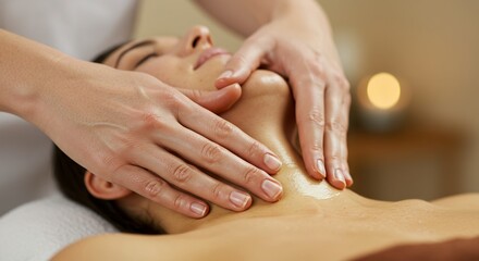 A person receiving a facial massage with hands on face and neck Oil glistens on the skin Soft lighting