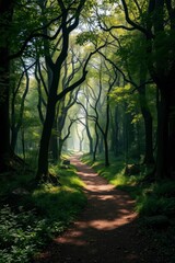 Naklejka premium Forest path stretches into a bright clearing bordered by dense trees with sunlight dappling the ground