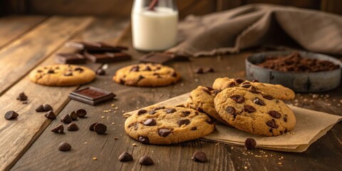 Delicious chocolate chip cookies with milk on a rustic wooden surface