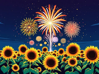 夏のひまわり畑と花火のイラスト