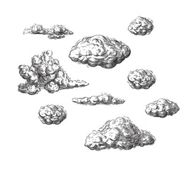 Set of clouds in hand drawn vintage retro style isolated on white background. Cartoon design elements. Vector illustration.	