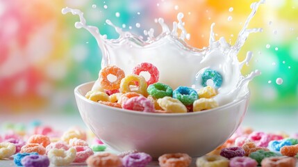 A colorful bowl of rainbow cereal loops with a milk splash frozen in motion on blurred background