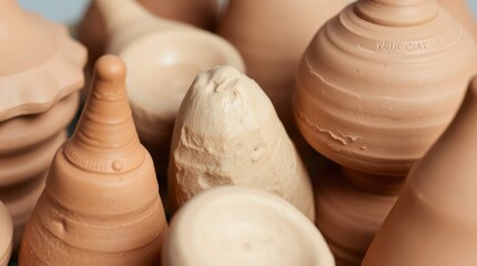 Group of unbaked clay spinning tops various shapes closeup