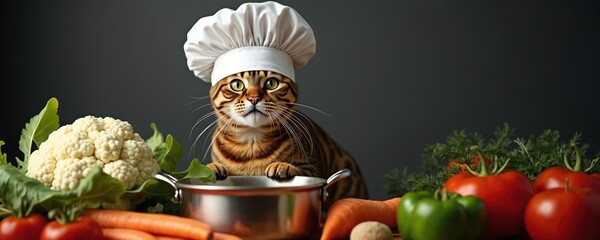 Bengal cat chef wears white hat, prepares fresh vegetables like cauliflower, carrots, tomatoes, bell pepper. Culinary theme, humorous pet cooking scene with stainless steel pot on dark background.